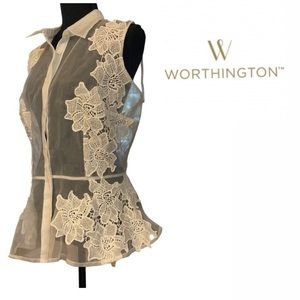 Worthington White Lace Sheer Peplum Top